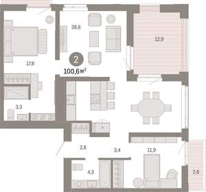 2-к квартира, вторичка, 101м2, 3/25 этаж