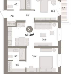 2-к квартира, вторичка, 66м2, 6/16 этаж