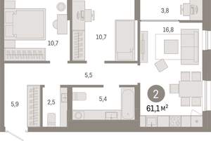 2-к квартира, вторичка, 61м2, 9/17 этаж