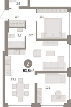 2-к квартира, вторичка, 64м2, 2/8 этаж
