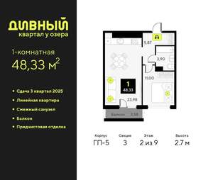 1-к квартира, вторичка, 48м2, 2/9 этаж