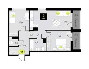 2-к квартира, вторичка, 55м2, 7/7 этаж