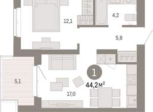 1-к квартира, вторичка, 44м2, 4/11 этаж