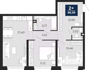 2-к квартира, вторичка, 67м2, 1/12 этаж