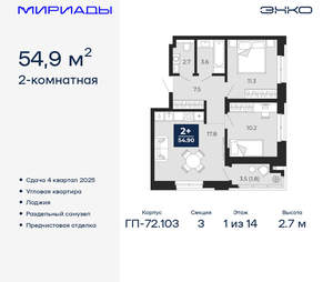 2-к квартира, вторичка, 55м2, 1/16 этаж