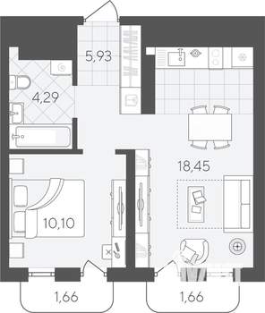 1-к квартира, строящийся дом, 42м2, 13/24 этаж