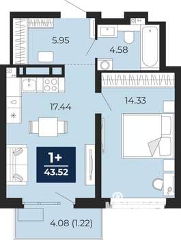 1-к квартира, вторичка, 44м2, 7/22 этаж