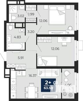 2-к квартира, вторичка, 61м2, 13/20 этаж