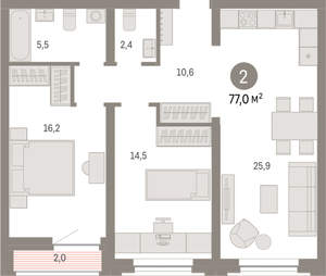 2-к квартира, вторичка, 77м2, 7/10 этаж