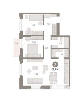 2-к квартира, вторичка, 70м2, 4/8 этаж