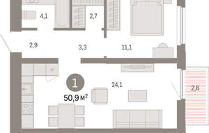 1-к квартира, вторичка, 51м2, 12/16 этаж