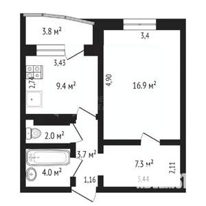 1-к квартира, вторичка, 43м2, 6/14 этаж
