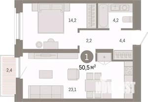 1-к квартира, вторичка, 50м2, 3/16 этаж