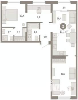 3-к квартира, вторичка, 71м2, 9/9 этаж