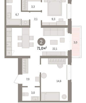 2-к квартира, вторичка, 71м2, 6/16 этаж