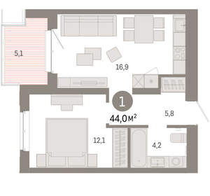 1-к квартира, вторичка, 44м2, 5/11 этаж