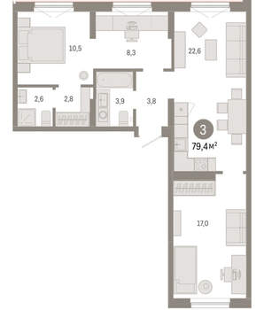 3-к квартира, вторичка, 79м2, 8/17 этаж