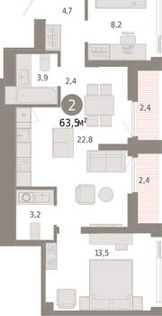 2-к квартира, вторичка, 63м2, 22/25 этаж