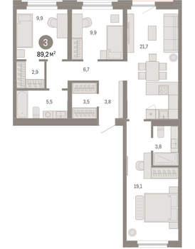 3-к квартира, вторичка, 89м2, 3/16 этаж