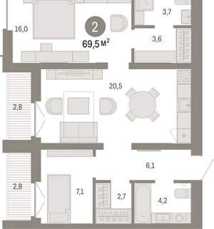2-к квартира, вторичка, 69м2, 3/16 этаж