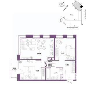 3-к квартира, строящийся дом, 56м2, 6/16 этаж