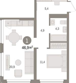 1-к квартира, вторичка, 47м2, 3/9 этаж
