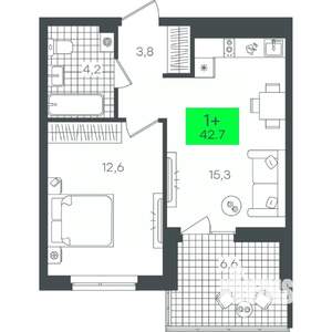 1-к квартира, строящийся дом, 43м2, 4/8 этаж