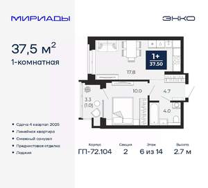 1-к квартира, вторичка, 38м2, 6/14 этаж