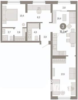 3-к квартира, вторичка, 71м2, 9/9 этаж