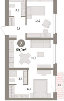 2-к квартира, вторичка, 59м2, 8/16 этаж
