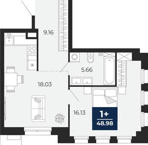 1-к квартира, вторичка, 49м2, 2/24 этаж