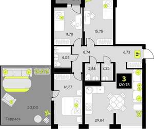 3-к квартира, вторичка, 121м2, 13/19 этаж