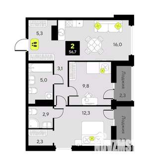 2-к квартира, вторичка, 57м2, 6/7 этаж