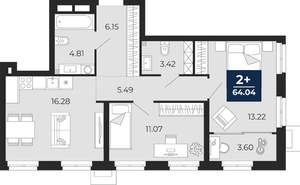 2-к квартира, вторичка, 64м2, 2/24 этаж
