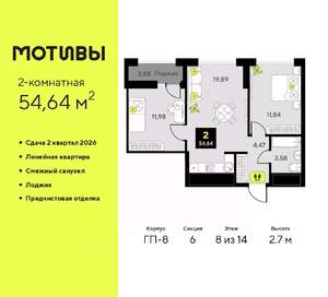 2-к квартира, вторичка, 55м2, 8/14 этаж