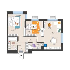 2-к квартира, вторичка, 59м2, 5/25 этаж