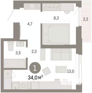 1-к квартира, вторичка, 34м2, 7/25 этаж