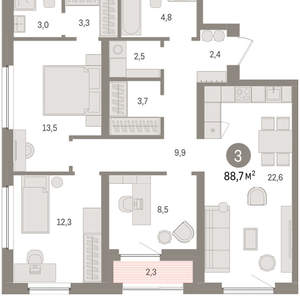 3-к квартира, вторичка, 89м2, 13/16 этаж