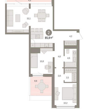 2-к квартира, вторичка, 86м2, 8/9 этаж