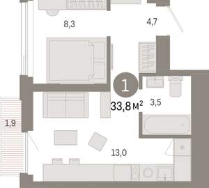 1-к квартира, вторичка, 34м2, 14/25 этаж
