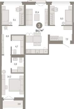 3-к квартира, вторичка, 85м2, 3/16 этаж