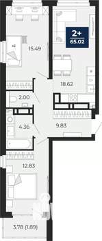 2-к квартира, вторичка, 67м2, 18/22 этаж