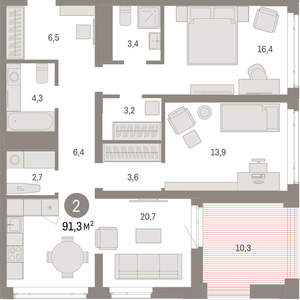 2-к квартира, вторичка, 91м2, 13/25 этаж