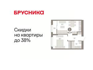 1-к квартира, вторичка, 43м2, 13/17 этаж