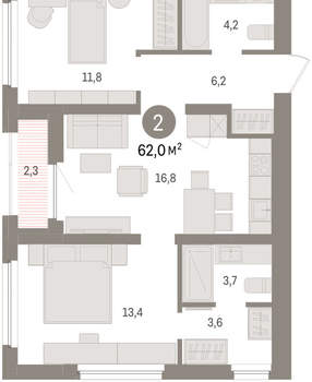 2-к квартира, вторичка, 62м2, 4/16 этаж