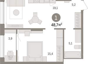 1-к квартира, вторичка, 49м2, 12/17 этаж