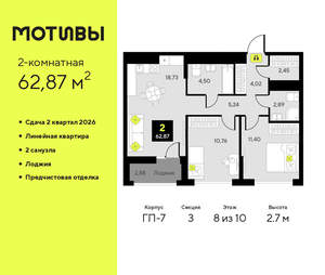 2-к квартира, вторичка, 63м2, 8/10 этаж