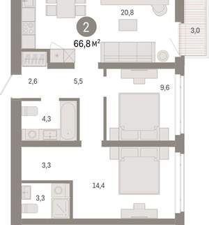 2-к квартира, вторичка, 67м2, 6/25 этаж
