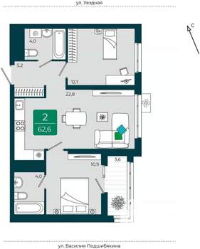 2-к квартира, вторичка, 63м2, 13/16 этаж