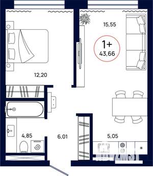 1-к квартира, вторичка, 44м2, 5/17 этаж